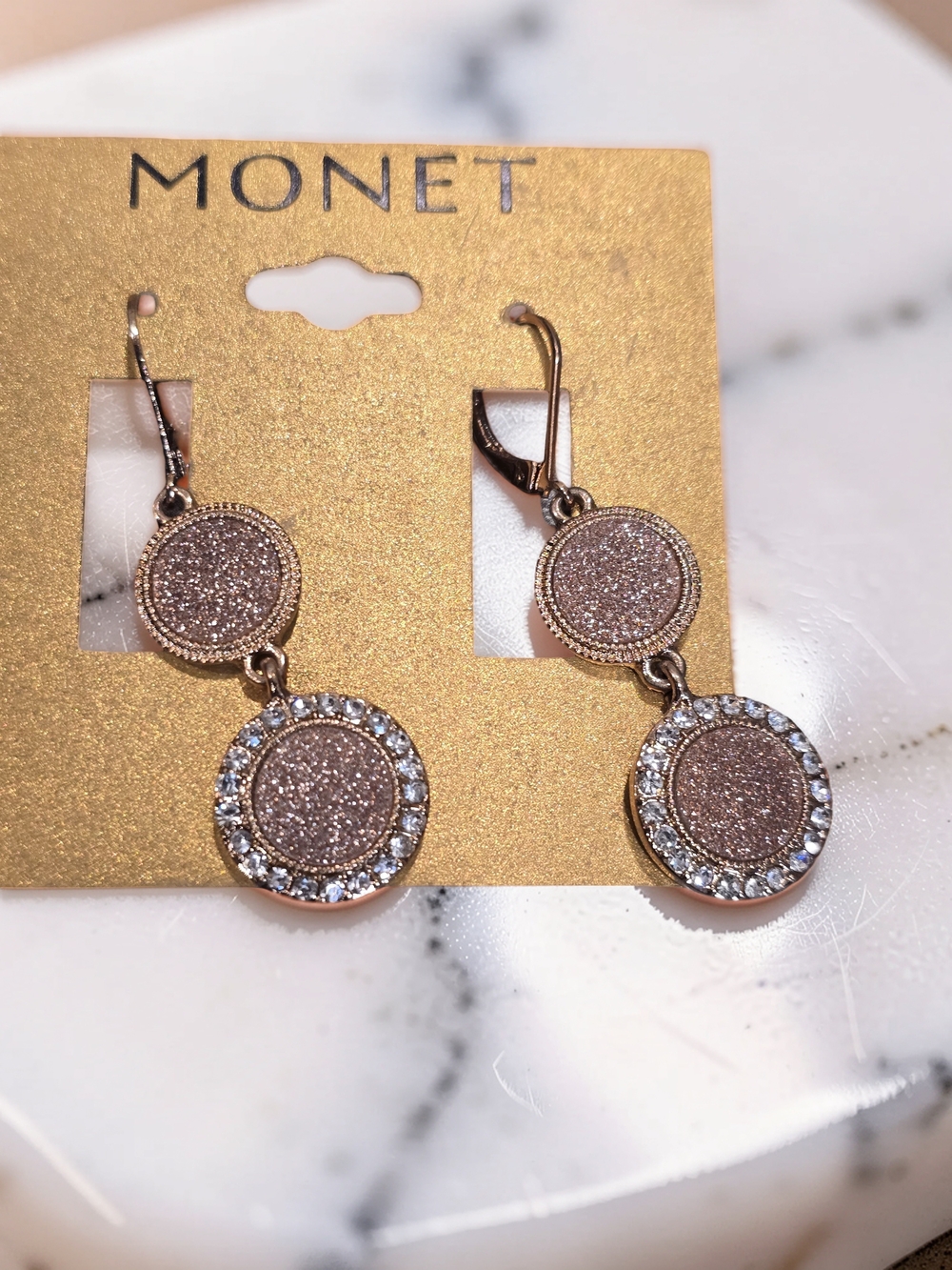 NWT Monet Rose Gold Glitter Double Disc Dangle Leverback Earrings